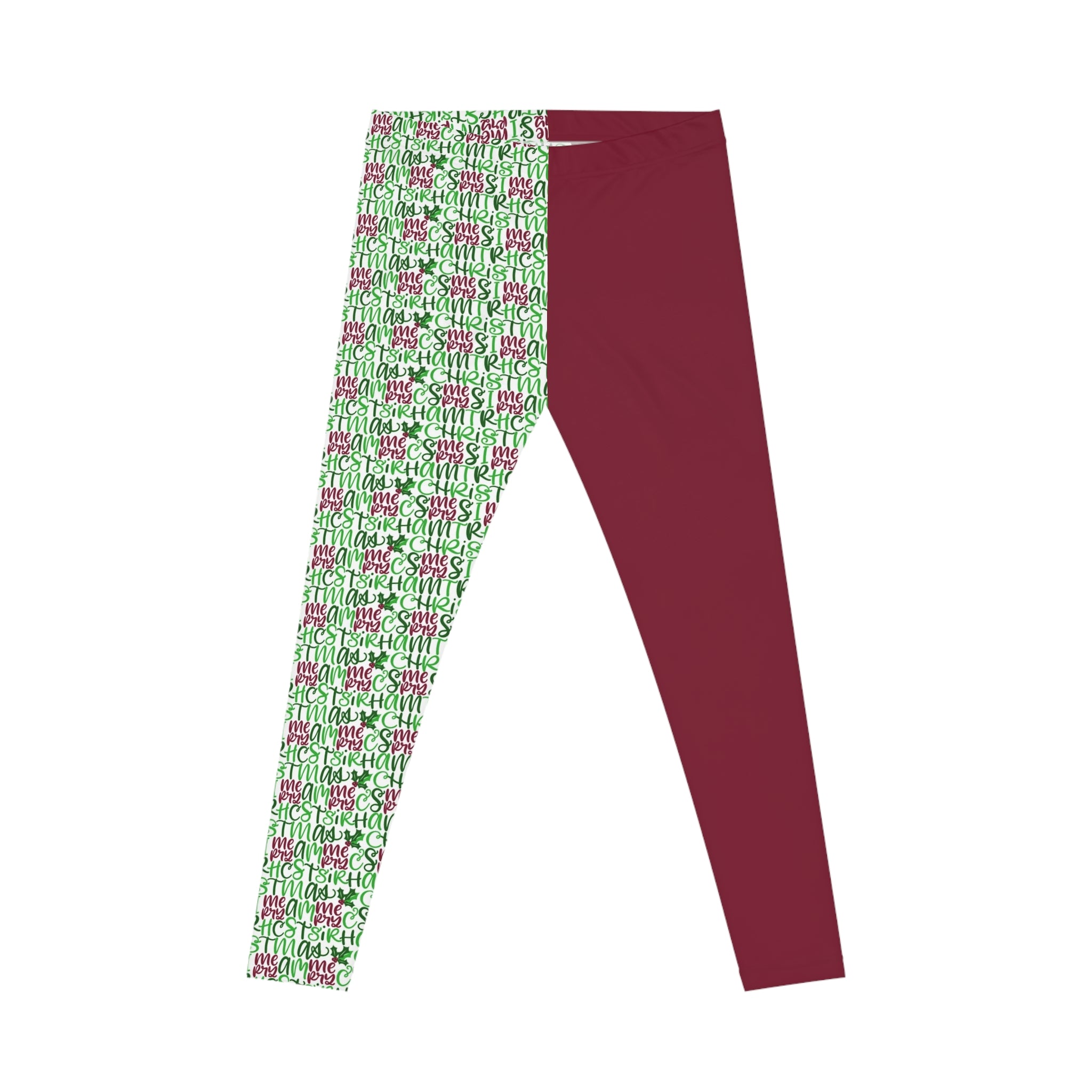 Hand Lettered Burgundy Split Panel Merry Christmas Leggings