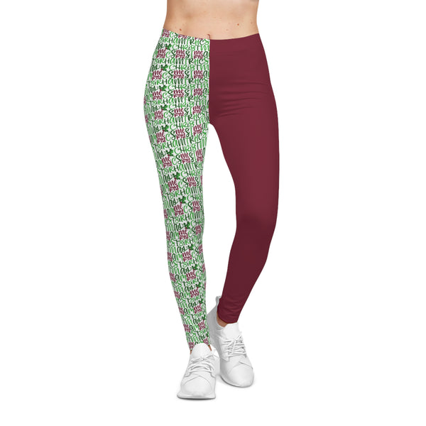 Hand Lettered Burgundy Split Panel Merry Christmas Leggings