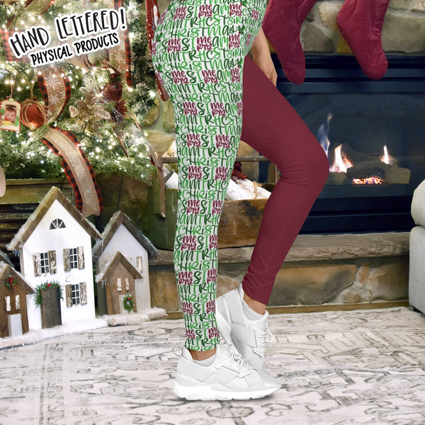 Hand Lettered Burgundy Split Panel Merry Christmas Leggings
