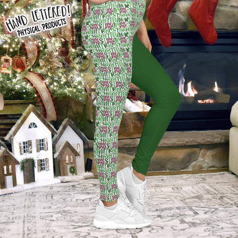 Green Merry Christmas Green Panel Hand Lettered  Leggings