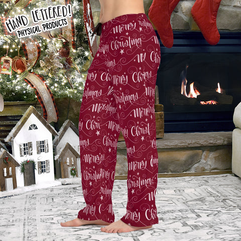 Merry Christmas Women's Burgundy Red Pajama Pants